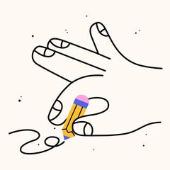 Hand holding school stuff. Hand draw flat vector illustration with the big hand with the colorful book. Trendy isolated illustration, education concept.