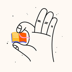 Hand holding school stuff. Hand draw flat vector illustration with the big hand with the colorful book. Trendy isolated illustration, education concept.