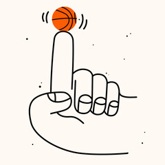 Hand holding school stuff. Hand draw flat vector illustration with the big hand with the colorful ball. Trendy isolated illustration, physical education concept.