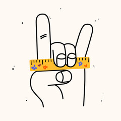 Hand holding school stuff. Hand draw flat vector illustration with the big hand with the colorful ruler. Trendy isolated illustration, education concept.