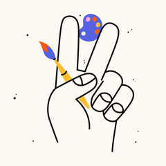 Hand holding school stuff. Hand draw flat vector illustration with the big hand with the colorful brush and palette. Trendy isolated illustration, education concept.
