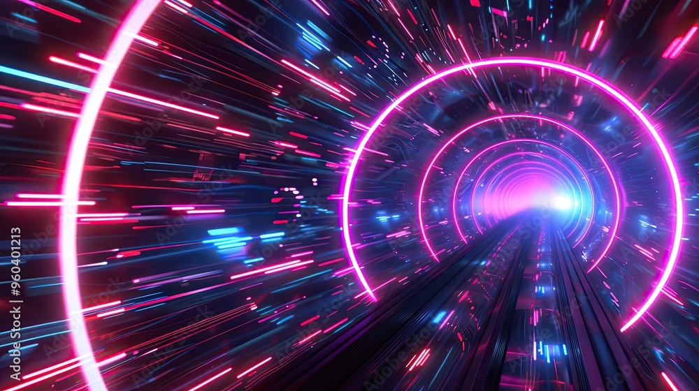 Poster vibrant neon tunnel with dynamic light streaks creating a sense of motion and depth, perfect for fut