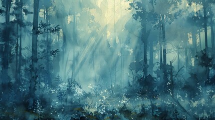 A misty forest scene with tall trees and sunlight filtering through the foliage.  The scene is rendered in shades of blue and green.