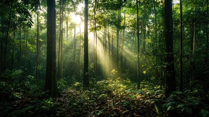 Obraz premium Sunlight streams through the dense canopy of a lush green forest, creating a serene and vibrant natural scene in the wilderness..
