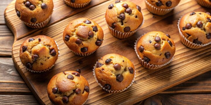 Vertical top down close up of chocolate chip mini muffins on a wooden serving board