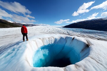 Panoramic photo, glacier, frozen expanse shows the icy beauty and immense scale of a glacier as it stretches into the distance