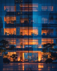 A modern office building at night, glowing with warm interior lights, reflecting on the wet street.