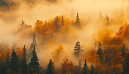 Naklejka premium A misty forest scene showcasing vibrant autumn foliage amidst ethereal fog.