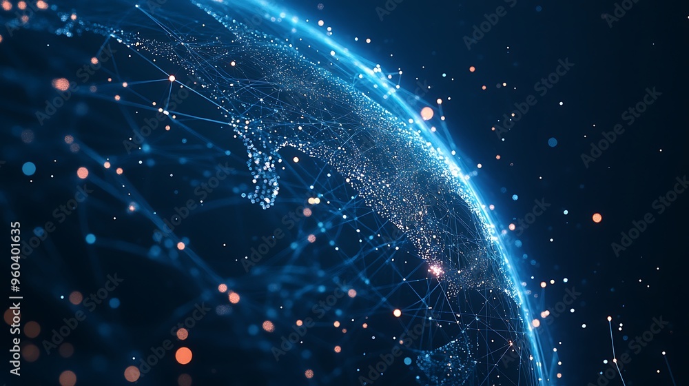 Poster global data flow concept on navy blue background - 3d globe with glowing white pathways symbolizing 