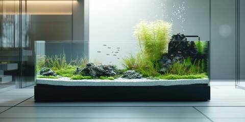 A modern fish tank with plants and fish.