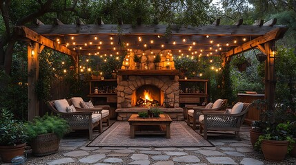 A rustic outdoor patio with cobblestone pavers, weathered wooden furniture arranged around a large stone fireplace, string lights hanging overhead casting a warm glow,