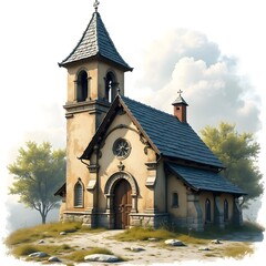 Fototapeta premium Small picturesque church amidst nature, serene atmosphere.