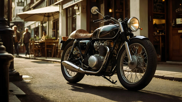 A vintage motorcycle parked on a narrow street with buildings and people in the background. The motorcycle is blue and black, and the street has cobblestones and a small building on the right side.