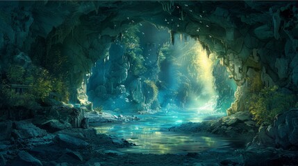 A mystical cave entrance with glowing water and a waterfall.