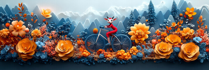 Whimsical red character riding a bicycle amidst vibrant flowers and mountains, whimsical style, colorful scheme, serene and adventurous mood.