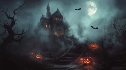 Haunted Mansion on Halloween Night with Glowing Jack O' Lanterns and Bats under Full Moon
