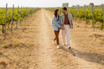 Couple strolls hand in hand along a sunlit path amidst lush vineyards during a warm afternoon