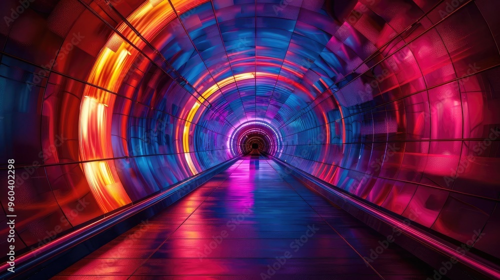 Poster a vibrant, colorful tunnel with dynamic lighting and reflections creating an intriguing atmosphere.