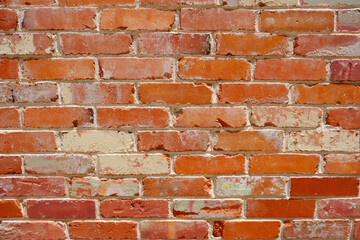 Red brick wall with shades of orange, tan, and signs of wear and mortar discoloration, arranged in a horizontal pattern, displaying a rough, grunge, and aged texture.