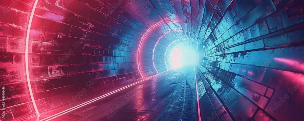 Poster a vibrant tunnel illuminated with futuristic neon lights, merging technology and art in captivating 