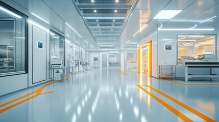 Fototapeta premium Overview of cleanroom production, highlighting the combination of human skill and advanced technology in a high-tech setting