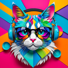 illustration of cat with headphones and sunglasses on the abstract background.