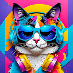 illustration of cat with headphones and sunglasses on the abstract background.