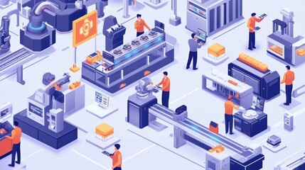 Overview of digital manufacturing in a smart factory, workers and machines in perfect harmony, advanced technology in action