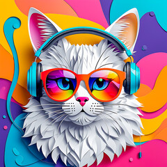 illustration of cat with headphones and sunglasses on the abstract background.
