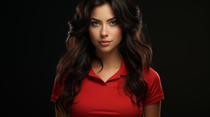 Naklejka premium Jolie jeune femme brune et souriante, portant un t-shirt rouge. La fille se trouve dans un bar à la lumière tamisée. Femme, humain, personne. Beauté, belle. Soirée, intérieur, sombre.