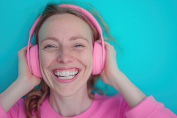 Joyful woman enjoying music with pink headphones against a turquoise background