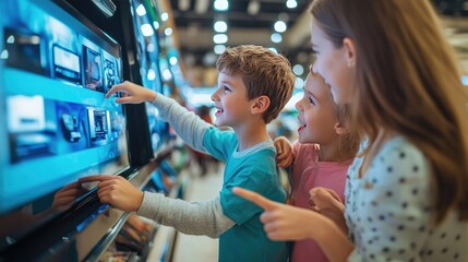 Group of excited children enthusiastically engaging with a touchscreen display in an electronics store, exploring the latest technology with curiosity and joy..