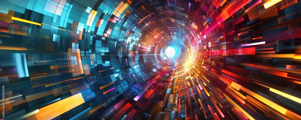 Poster a vibrant tunnel of light and color, representing dynamic movement and futuristic energy in a digita