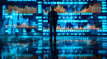 Obraz premium Businessman in a suit analyzing his company's finances while viewing a large screen filled with financial charts, bar graphs, and statistics