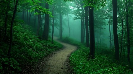 Obraz premium Enigmatic Journey: Mystical Foggy Forest Pathway of Life's Uncertainties, Premium Quality Image