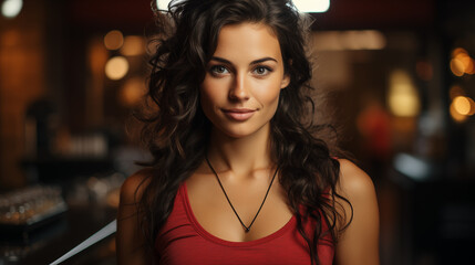 Fototapeta premium Jolie jeune femme brune et souriante, portant un t-shirt rouge. La fille se trouve dans un bar à la lumière tamisée. Femme, humain, personne. Beauté, belle. Soirée, intérieur, sombre.