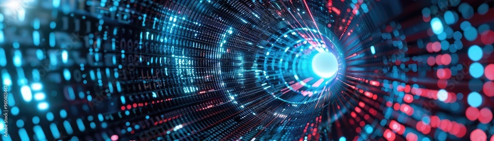 Poster Vibrant light beams create a dynamic tunnel effect, showcasing a futuristic digital world of colors and patterns.
