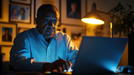 A senior man, wearing glasses, carefully reviews and signs documents while working at his home office desk in a dimly lit room..