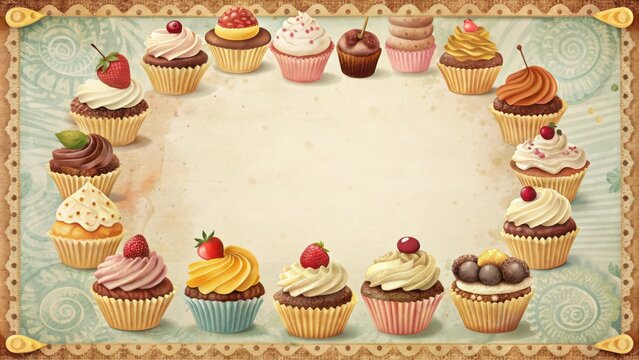 Vintage style dessert menu template with assorted cupcakes, cakes, ice cream, and cookies