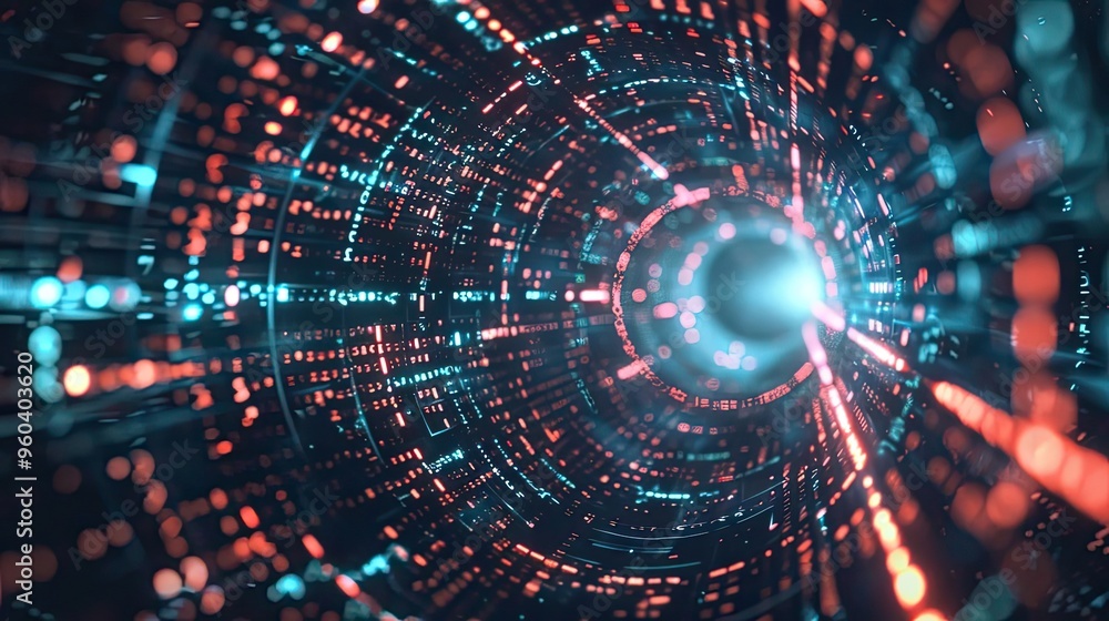 Poster Abstract tunnel with glowing lights in blue and red colors, creating a futuristic and dynamic visual effect.