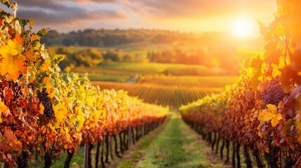 Naklejka premium A picturesque vineyard at sunset, showcasing rows of grapevines with vibrant autumn foliage.