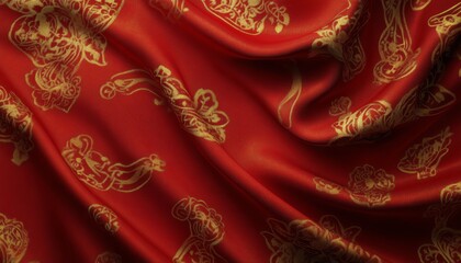 A rich red fabric with intricate golden patterns, often used in traditional decor or clothing.