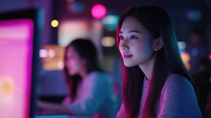 Obraz premium Scene of Asian women in a tech company, integrating new technologies into software solutions, diverse and inclusive environment