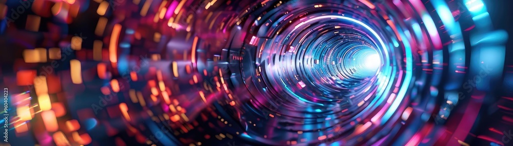 Poster Abstract digital tunnel with vibrant colors and dynamic light patterns, creating a sense of depth and futuristic energy.