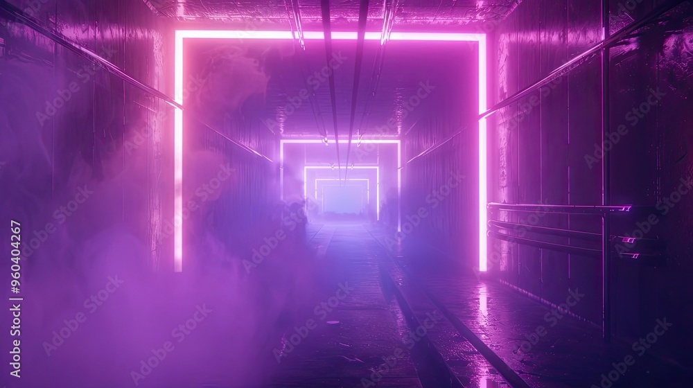 Poster A vibrant neon tunnel illuminated in pink light, creating a surreal atmosphere with fog enhancing the futuristic vibe.