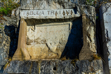 Ancient Roman Tabula Traiana carved in the cliffs of Djerdap Gorge, Serbia, a majestic relic from...