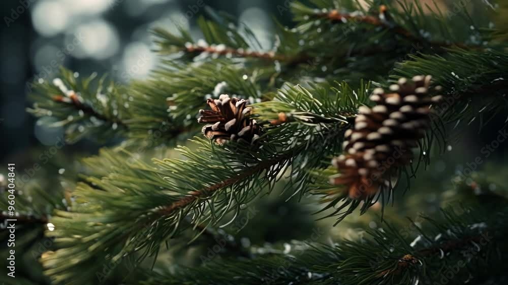 Poster two pine cones are growing on a branch of an evergreen pine tree, illuminated by soft, diffused ligh