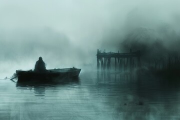 Fototapeta premium A solitary figure rows a boat through a dense fog, towards an abandoned pier. The scene evokes a sense of mystery and isolation.