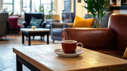 Fototapeta premium A cozy café setting featuring two cups of coffee on a wooden table, with warm sunlight filtering through the windows, offering a view of autumn leaves outside.