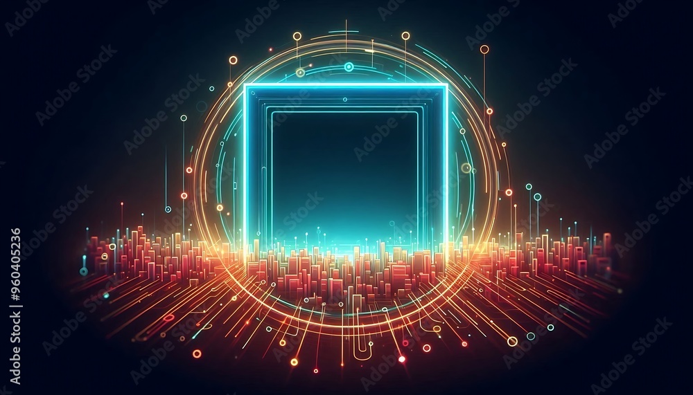 Poster a colorful, neon-lit cityscape with a large square in the middle. the square is surrounded by a circ